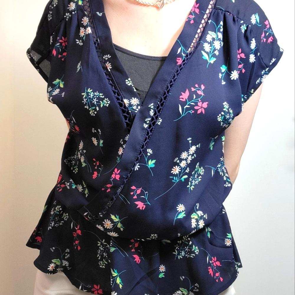 Navy Floral Wrap Blouse